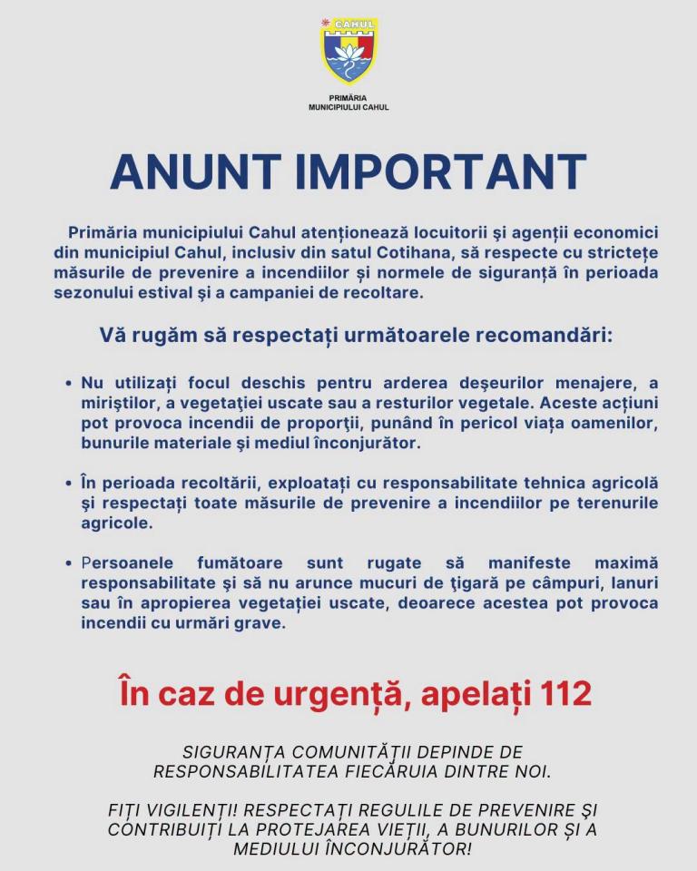 Măsuri de prevenire a incendiilor în sezonul estival și perioada de recoltare – Primăria municipiului Cahul