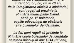 Cuplurile care sărbătoresc aniversări jubiliare de căsătorie și cetățenii vârstnici din municipiul Cahul sunt invitați la primărie pentru confirmarea datelor