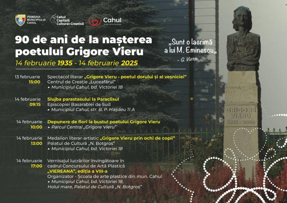 Cahul sărbătorește 90 de ani de la nașterea poetului Grigore Vieru: invitație la evenimente comemorative