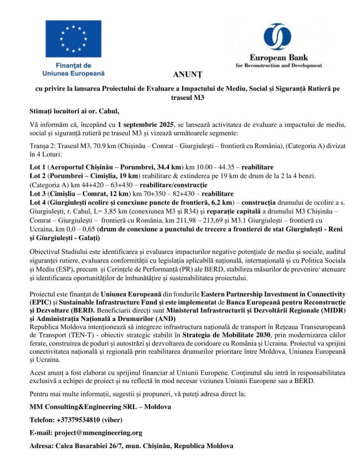 „Se lansează evaluarea impactului pentru modernizarea traseului M3: Chișinău – Comrat – Giurgiulești – frontiera cu România”