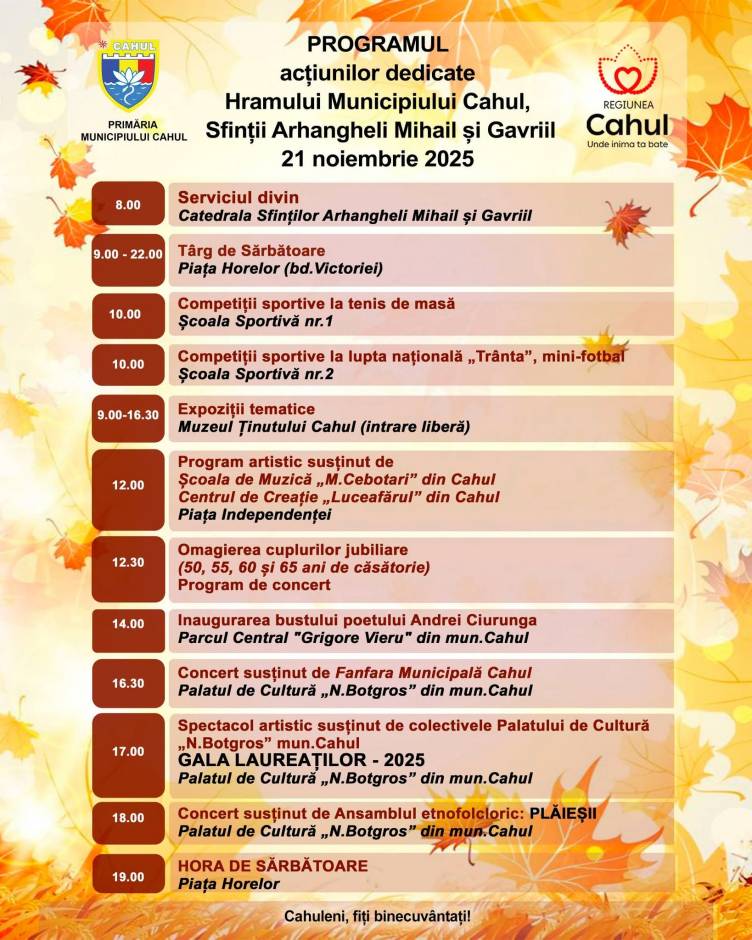 Hramul Municipiului Cahul 2025 - Sfinții Arhangheli Mihail și Gavriil - De la Serviciul Divin la Târg de Sărbătoare și Spectacol cu PLĂIEȘII!
