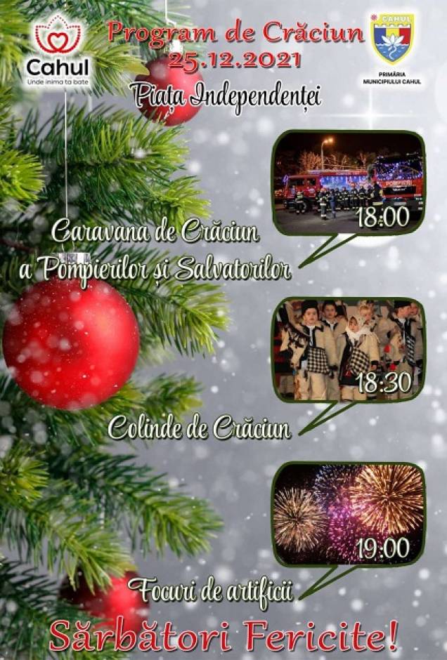 Stimați cahuleni, Primăria municipiului Cahul vă invită la un program special în seara de Crăciun, începînd cu ora 18.00, în Piața Independenței.